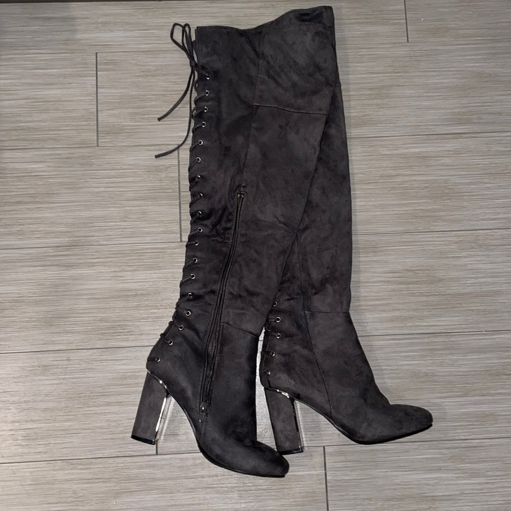 Gray thigh high boots